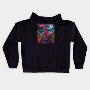 AI generated red striped seahorse in graveyard Kids Hoodie